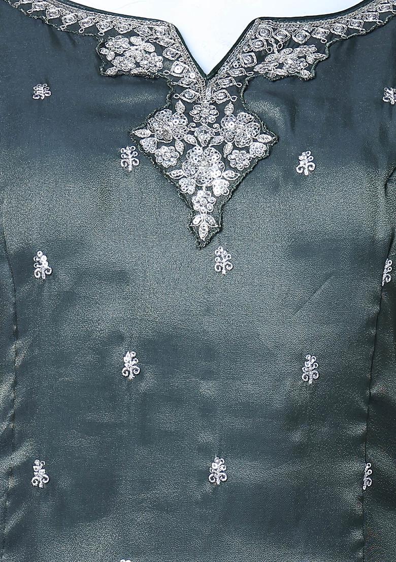 Green Embroidered Sharara Set With Kurta And Dupatta - Indya