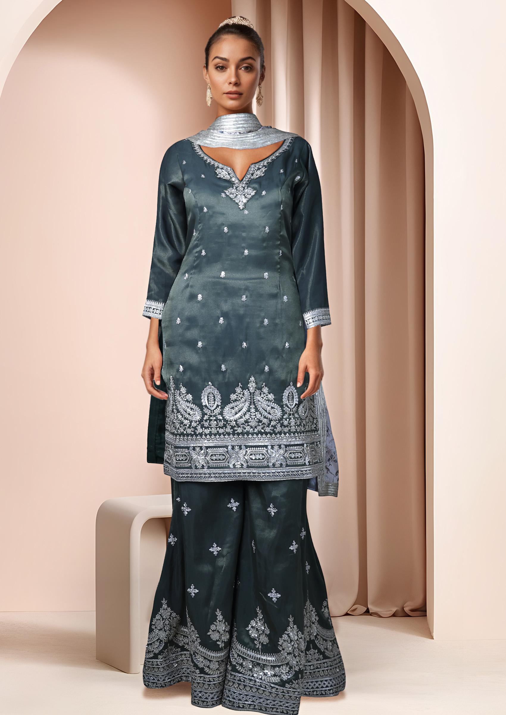 Green Embroidered Sharara Set With Kurta And Dupatta - Indya