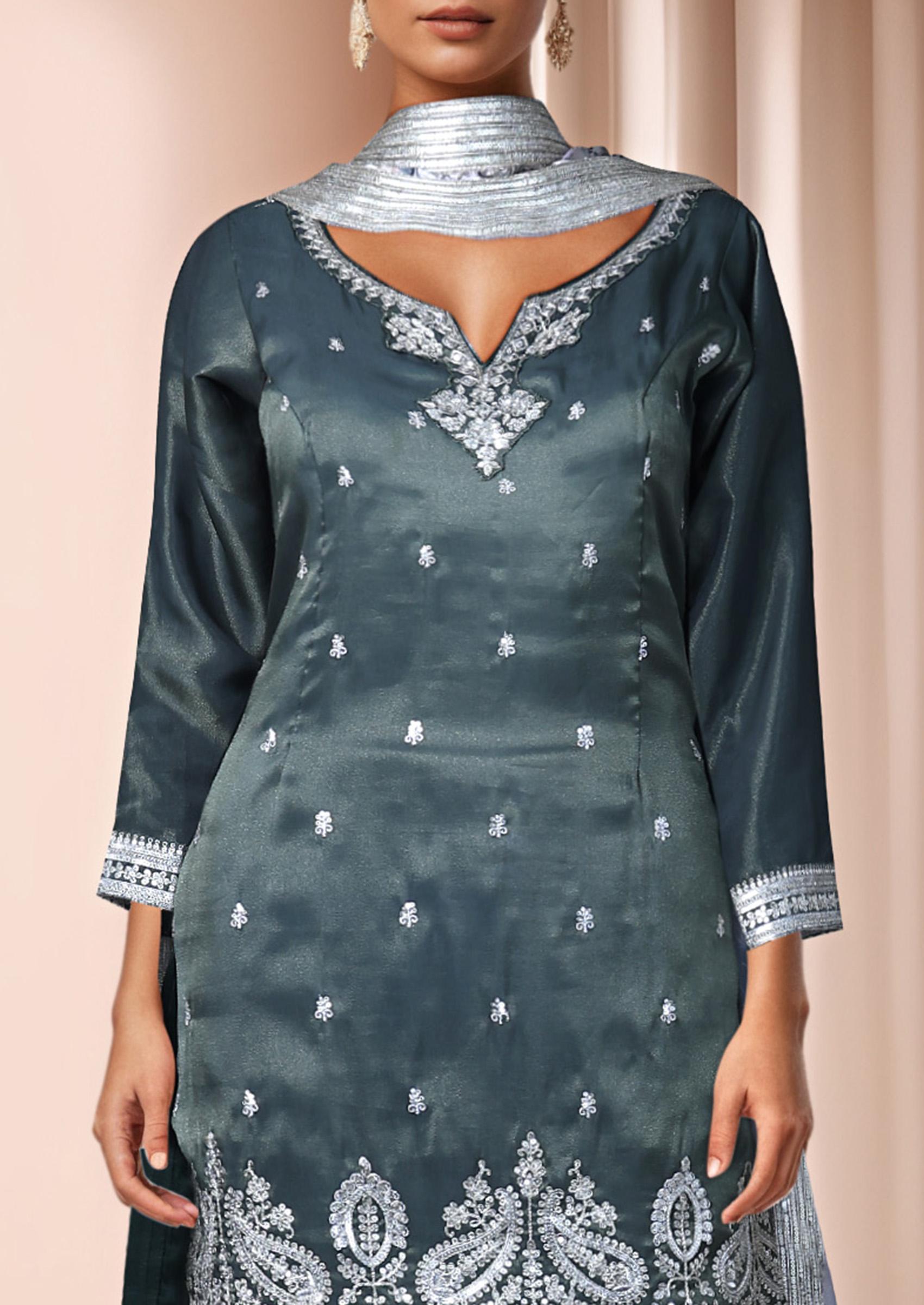 Green Embroidered Sharara Set With Kurta And Dupatta - Indya