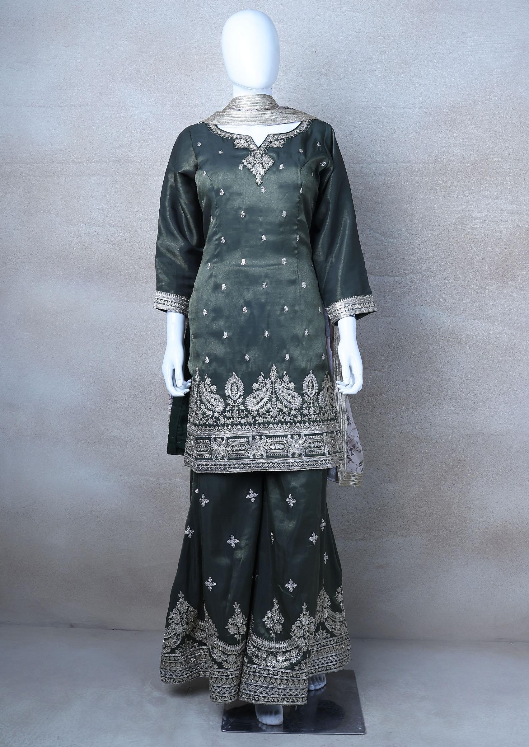 Green Embroidered Sharara Set With Kurta And Dupatta - Indya