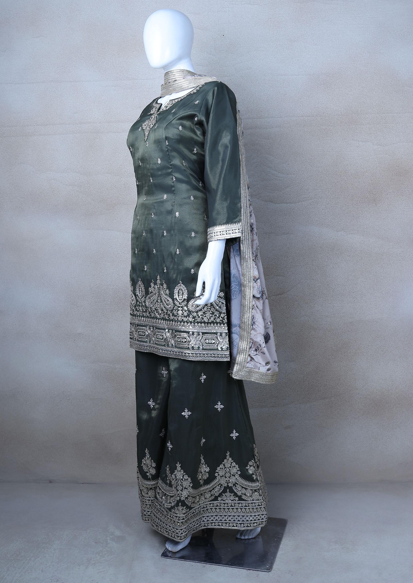 Green Embroidered Sharara Set With Kurta And Dupatta - Indya