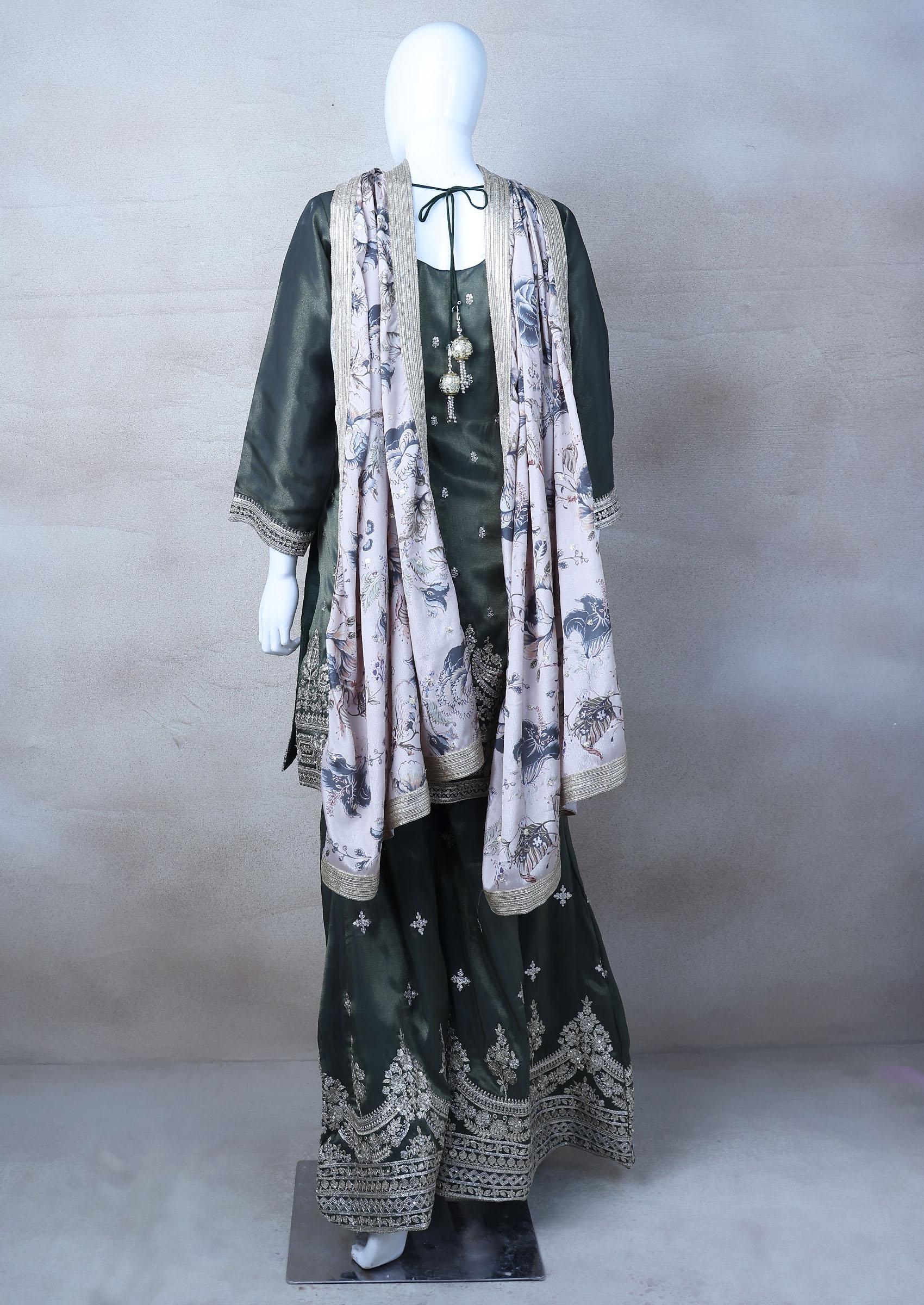 Green Embroidered Sharara Set With Kurta And Dupatta - Indya