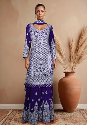 Purple Embroidered Sharara Set With Kurta And Dupatta