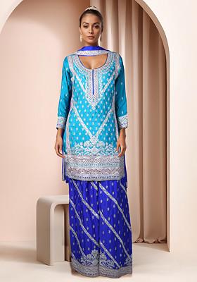 Blue Embroidered Sharara Set With Kurta And Dupatta