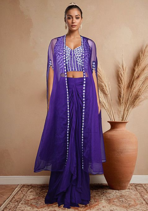 Purple Embellished Jacket Set With Blouse And Sharara