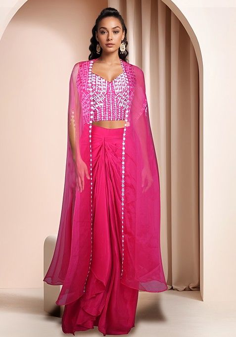 Pink Jacket Set With Embellished Blouse And Palazzo