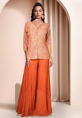 Orange Embroidered Sharara Set With Kurta And Dupatta