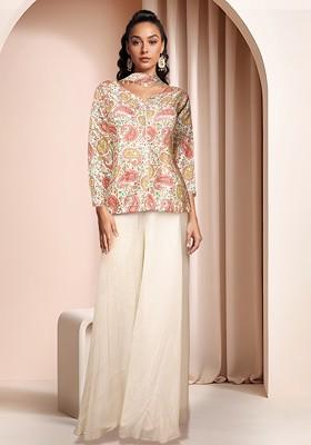 White Embroidered Sharara Set With Kurta And Dupatta