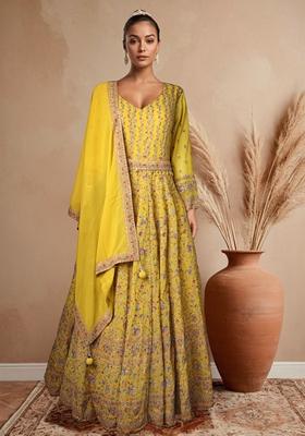 Yellow Embroidered Anarkali Set With Dupatta And Belt