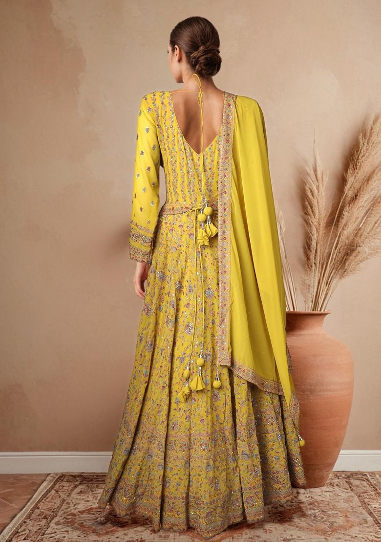 Yellow Embroidered Anarkali Set With Dupatta And Belt