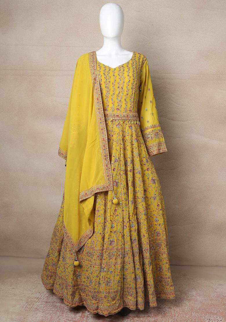 Yellow Embroidered Anarkali Set With Dupatta And Belt
