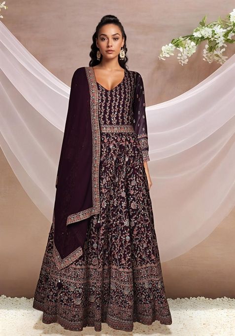 Purple Embroidered Anarkali Set With Dupatta And Belt