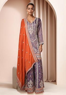 Purple Embroidered Sharara Set With Kurta And Dupatta