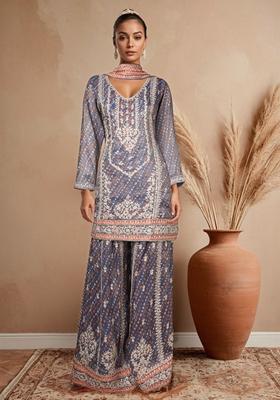 Blue Embroidered Sharara Set With Kurta And Dupatta