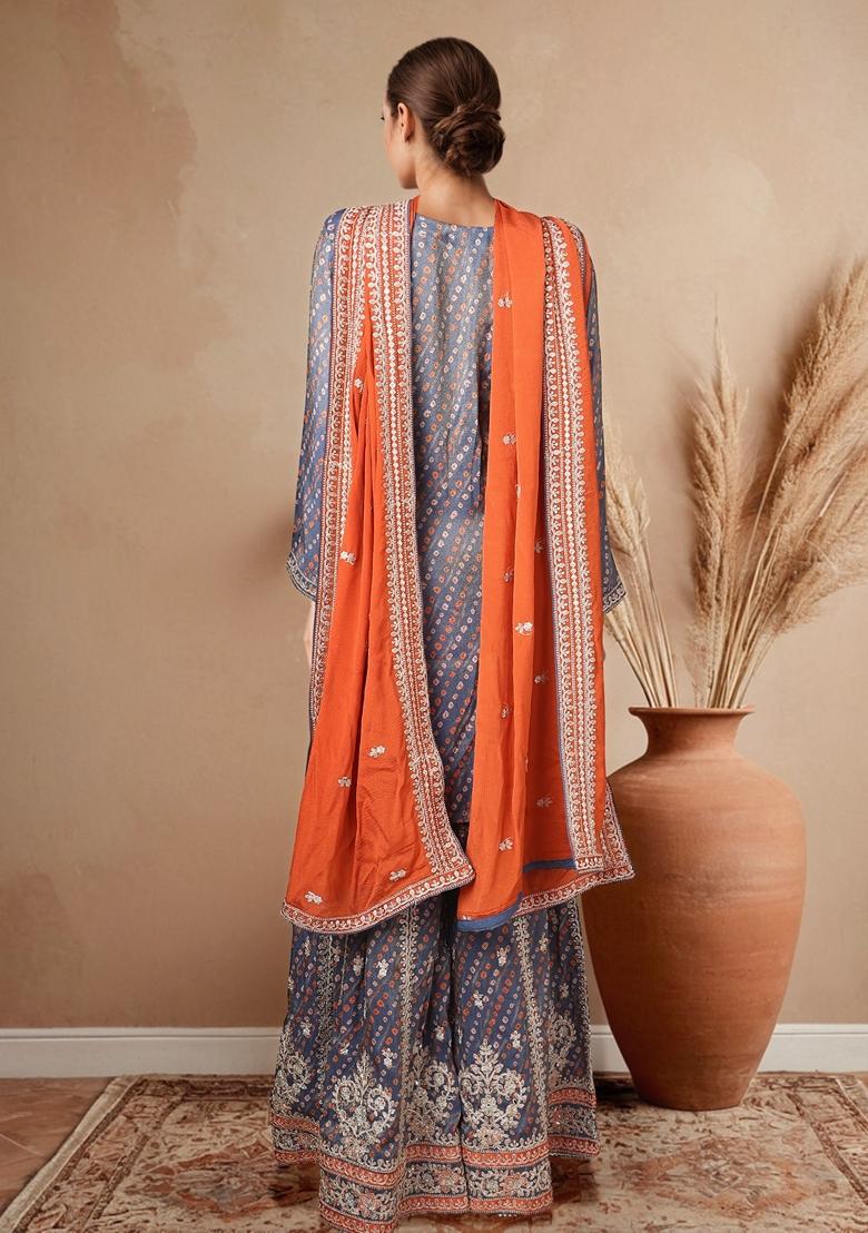 Blue Embroidered Sharara Set With Kurta And Dupatta