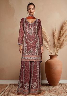 Pink Embroidered Sharara Set With Kurta And Dupatta