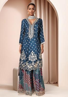 Blue Embroidered Sharara Set With Kurta And Dupatta