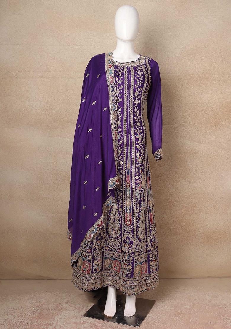Purple Embroidered Anarkali Kurta Set With Dupatta