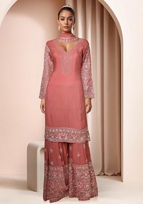 Pink Embellished Sharara Set With Kurta And Dupatta