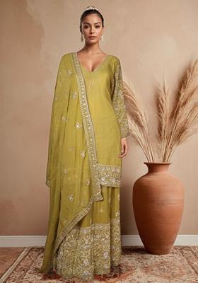 Yellow Embellished Sharara Set With Kurta And Dupatta