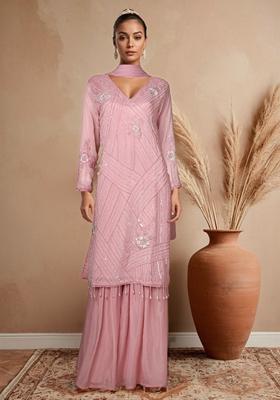 Pink Embellished Sharara Set With Kurta And Dupatta