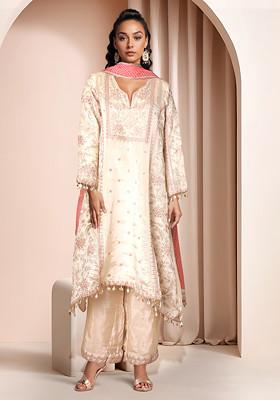 Beige Floral Sequin Embellished Kurta Set With Pants And Pink Dupatta