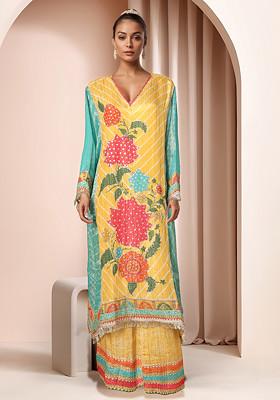 Yellow Floral Bead Embellished Kurta Set With Printed Pants