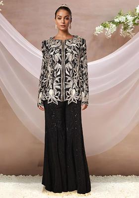 Black Sequin Embellished Jacket Set With Embellished Sharara
