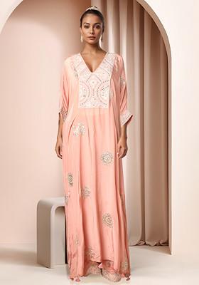 Peach Floral Cutdana Embellished Kurta Set With Pants