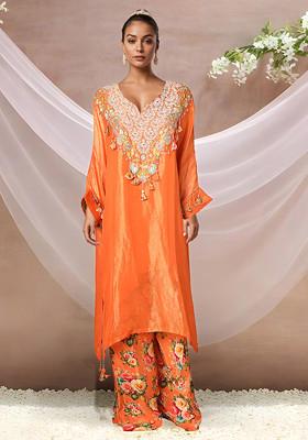 Orange Floral Cutdana Embellished Kurta Set With Printed Pants