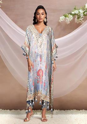 Blue Floral Print Kaftan Set With Embellished Dhoti And Potli