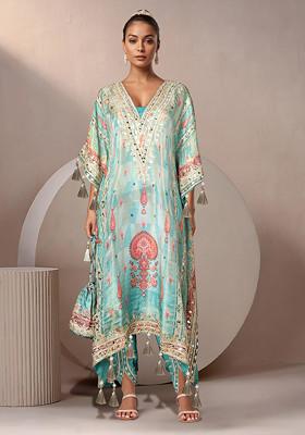 Green Floral Print Kaftan Set With Embellished Dhoti And Potli