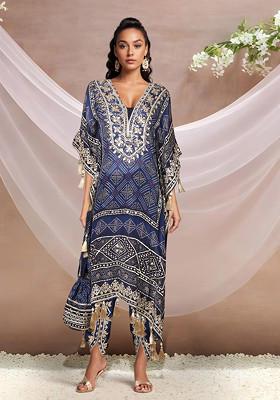 Blue Bandhani Print Kaftan Set With Embellished Dhoti And Potli