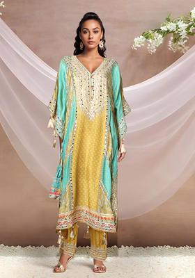 Green Floral Print Kaftan Set With Pants And Potli
