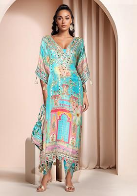 Blue Printed Kaftan Set With Pants And Potli