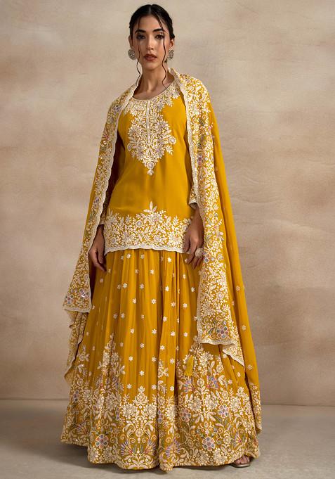 Mustard Yellow Embroidered Lehenga Set With Thread Sequin Embroidered Short Kurta And Dupatta