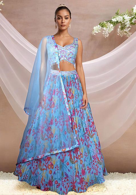 Blue Printed Lehenga Set With Embellished Blouse And Dupatta