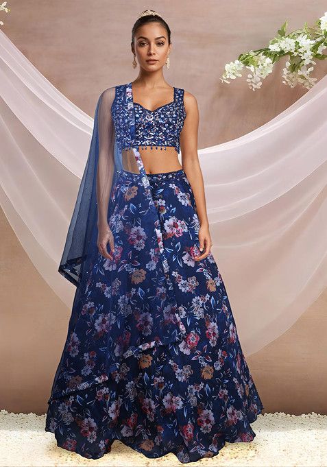 Blue Printed Lehenga Set With Embellished Blouse And Dupatta