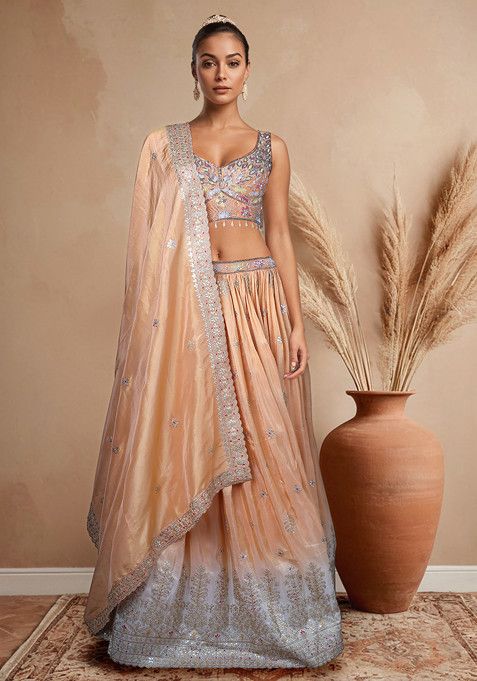 Peach Lehenga Set With Embellished Blouse And Dupatta