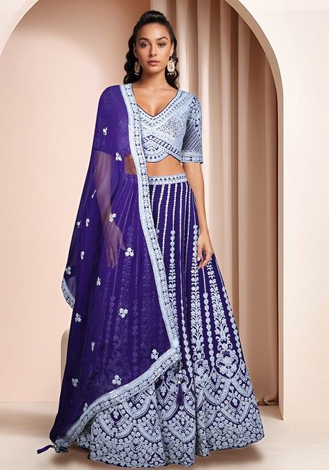 Purple Embroidered Lehenga Set With Blouse And Dupatta