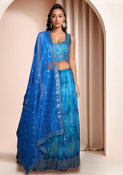 Blue Printed Lehenga Set With Embellished Blouse And Dupatta