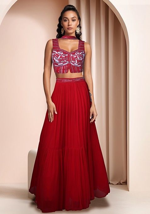 Red Embellished Lehenga Set With Blouse And Dupatta