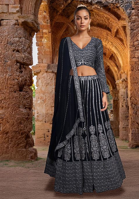 Black Embroidered Lehenga Set With Blouse And Dupatta