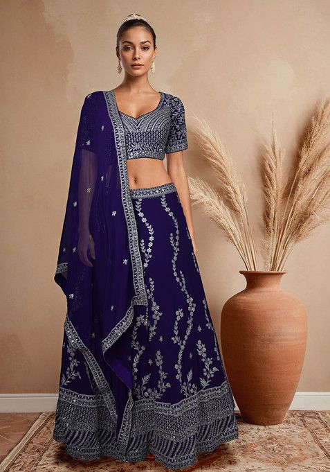 Purple Embroidered Lehenga Set With Blouse And Dupatta