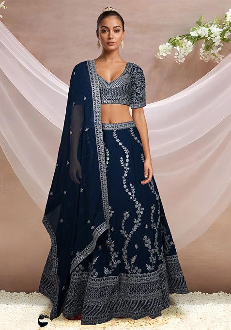 Blue Embroidered Lehenga Set With Blouse And Dupatta