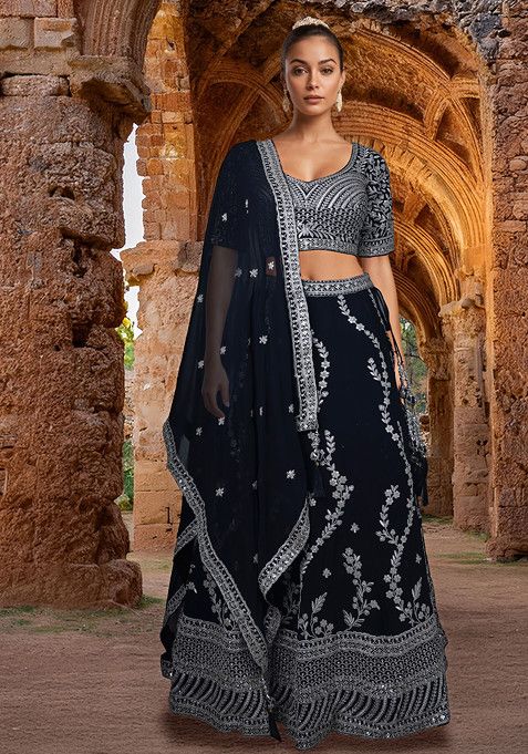 Black Embroidered Lehenga Set With Blouse And Dupatta