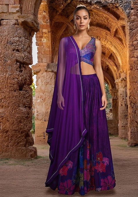 Purple Printed Lehenga Set With Blouse And Dupatta