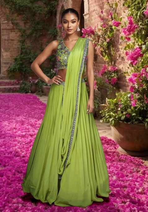 Green Floral Embroidered Lehenga Set With Blouse And Dupatta