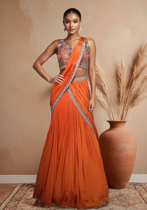 Orange Floral Embroidered Lehenga Set With Blouse And Dupatta