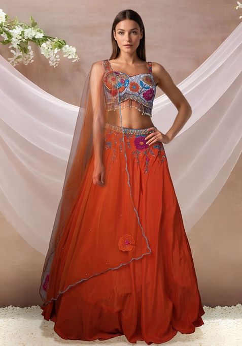 Orange Floral Embroidered Lehenga Set With Blouse And Dupatta